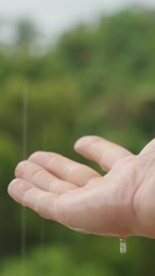 Vertical video. Outstretched Hand Facing Upward Under Falling Rain Captured in Medium Closeup with