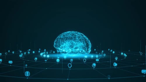 3D Blue particle digital brain logo with grid and rotation circle line connection ai technology