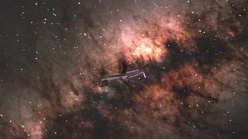 Caméra panoramique rapide du télescope spatial James Webb JWST avec fond d'étoiles de la Voie lactée - Anim CGI 3D