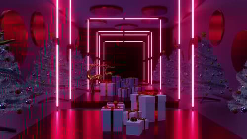 Vibrant Christmas Neon Tunnel with Presents and Reindeer
