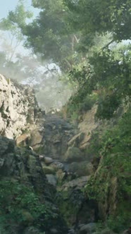 A Painting of a Rocky River Surrounded By Trees