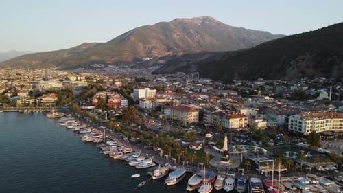 Awesome aerial view of Fethiye at sunset, Turkey