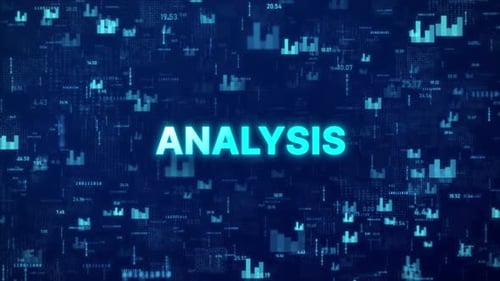 ANALYSIS text over animated financial background with chart, numbers and matrix codes