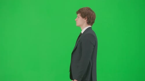 Male Model in Suit Isolated on Chroma Key Green Screen Background Positive Young Businessman in Blue
