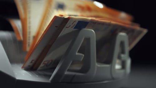 Money counting equipment for paper money calculation. mechanism for bank financial operations.