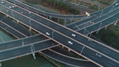 Aerial View of Road Junction with Moving Cars Road Interchange or Highway Intersection with Busy