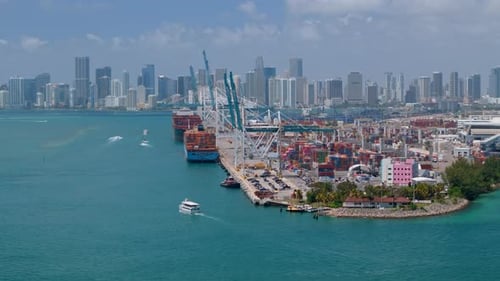 View of Miami Cargo Port with a Downtown Background at the Daytime