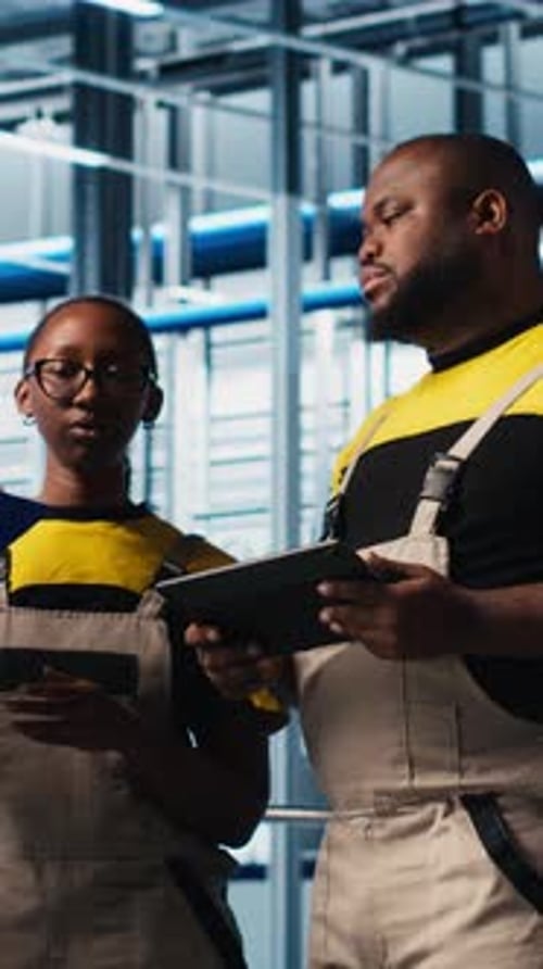 Vertical Video Photovoltaics Smart Factory Team Leader and Workers Analyzing Data