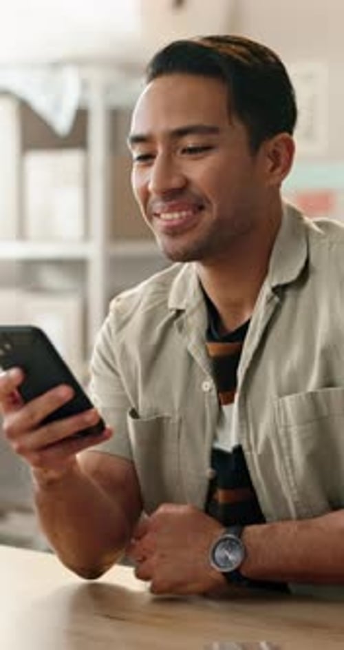 Business, startup and man with smartphone, typing and internet with connection