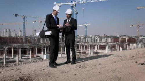 Asiatische Exekutive und kaukasischer Auftragnehmer diskutieren Stadtentwicklungspläne auf dem Tablet
