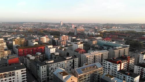 Aerial flyover Residential Buildings at Hisingen cityscape horizon, Gothenburg, Sweden