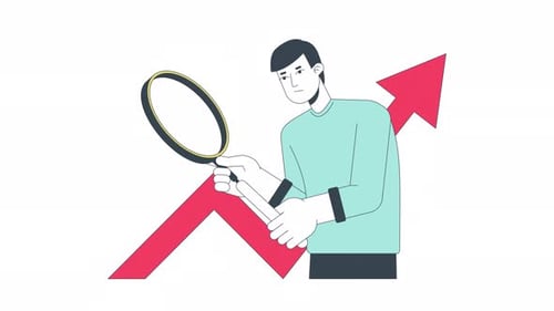Focused man with magnifying glass studying diagram line 2D animation