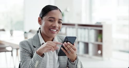 Phone, research and businesswoman in the office on the internet scroll on a blog or website