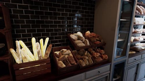 Assorted Breads and Pastries on Display at a Bakery