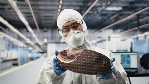 Analyzing Silicon Wafer Advanced Materials Trial and Close Up of Technician