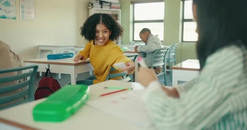 Kids, students and smile with note passing in classroom at school for cheating on exams