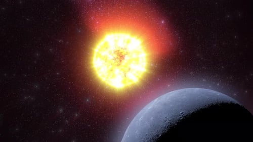 A powerful sun shines brightly over a distant moon-like planet.