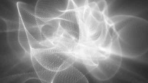 White glowing digital mesh curves through a grayscale background, forming luminous flowing shape