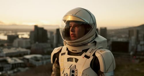 Space, travel and astronaut in city with future dystopia, suit and walking on planet in discovery