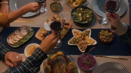 People Toasting Wine Glasses at Festive Dinner
