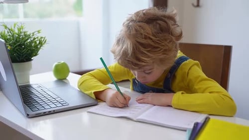 Close Up Schoolboy Child Write Exercise Alphabet Using Laptop Online Educational Lesson Programming