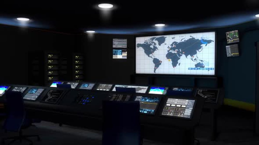 Futuristic Control Room with Animated Global Map and Data Displays ...