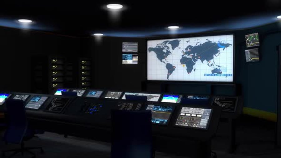 Futuristic Control Room with Animated Global Map and Data Displays ...