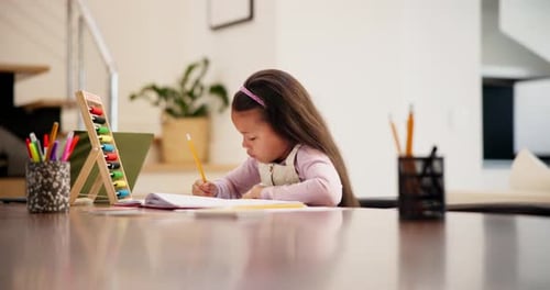 Home learning, math education or girl in kindergarten studying for knowledge or student growth