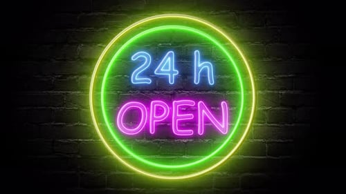 Neon Open 24h Schild Animation auf Backsteinmauer-Hintergrund