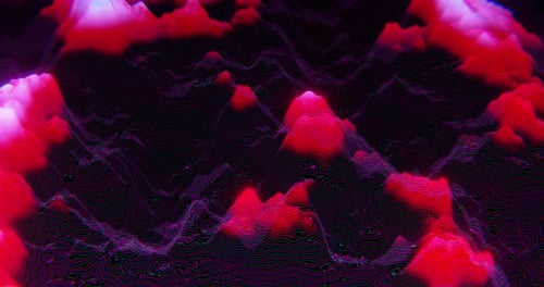 Topographic Landscape With Blue And Red Lines And Red Mountains With Snowy Peaks Moves In A Loop