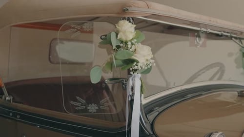 Vintage Car Decorated with White Roses for Wedding