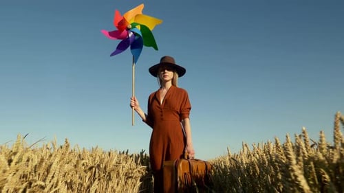 Stylish woman in brown vintage dress and hat with retro suitcase and pinwheel in golden wheat field