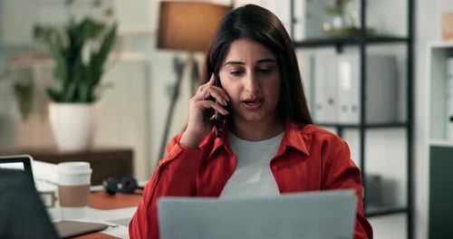 Business woman, documents and phone call in office for administration, advice or proposal