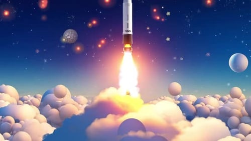 Animated Space Rocket Launch with Stylized Clouds and Planets