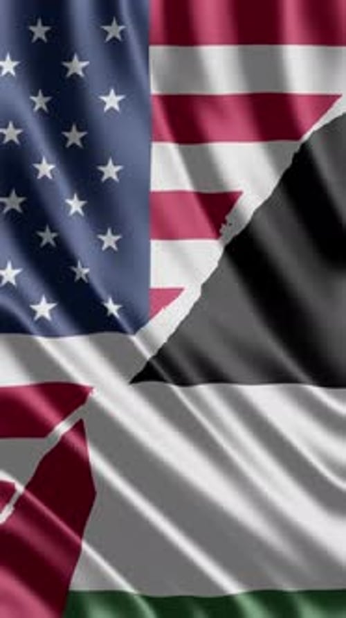 Waving United States and Palestine Flags Vertical Split Animation