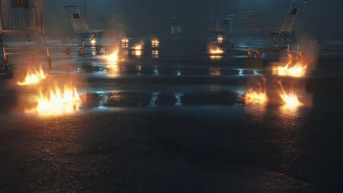 Caminando entre los carritos de la compra y un pequeño incendio en un estacionamiento abandonado