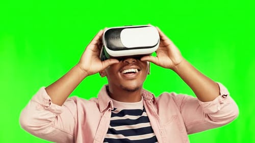 Black man, cyber and vr metaverse on green screen in studio isolated on a background