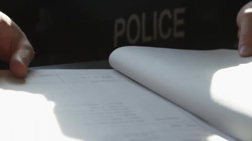 Police Officer Reviews Documents in Bright Light