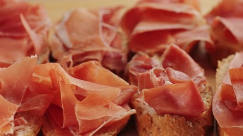 Jamon Iberico Tapas Close Up Chef Cooking the Best Spanish Ham Pork Tapas Cafe with Traditional Food