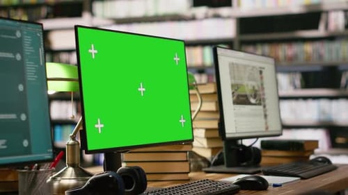 Green Screen Monitor Mockup with Multiple Interfaces on Desktop
