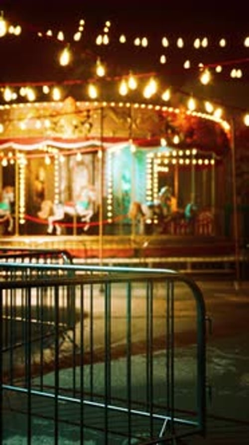 Vertical Night Shot of a Blurry Illuminated Carousel