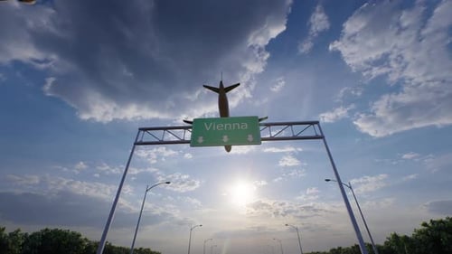 Vienna City Road Sign - Airplane Arriving To Vienna Airport