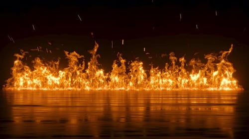Animação 3D de fogo ardente sobre fundo preto. Chamas ardentes no escuro