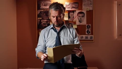 in the Detective's Office Middleaged Investigator in a Shirt and Tie Examines with a Magnifying