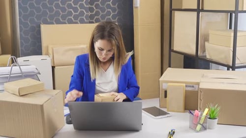 Businesswoman on Phone Working at Desk with Boxes