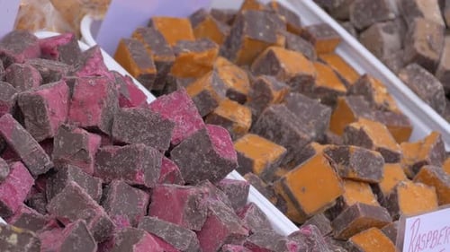 Mixed flavour fudge market stall filmed at a Food Festival in England