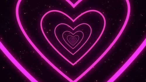 Bright glowing endless heart tunnel in the Universe. Pink hearts on dark background