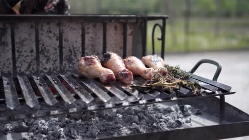 Viande de poulet cuite sur le feu, barbecue avec fumée