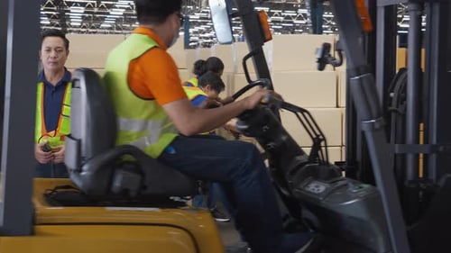 Group worker and man driving forklift lift box or packaging for transportation and distribution.