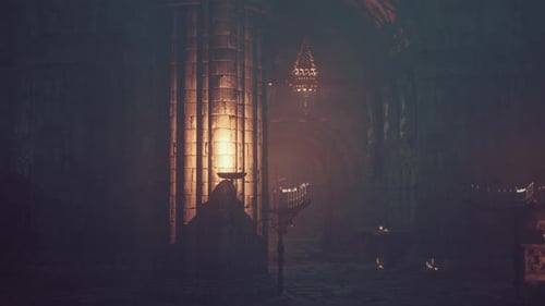 Velas parpadeantes del templo gótico con poca luz